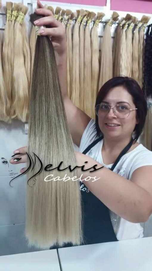 Cabelo Humano Castanho Médio Mesclado com Ombre Hair Loiro Claríssimo Matizado  60cm - 100 Gr