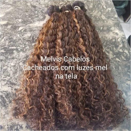 Cabelo Humano Castanho com Luzes Mel Cacheado permanentado (cacho2) 60cm na Tela - 100gr