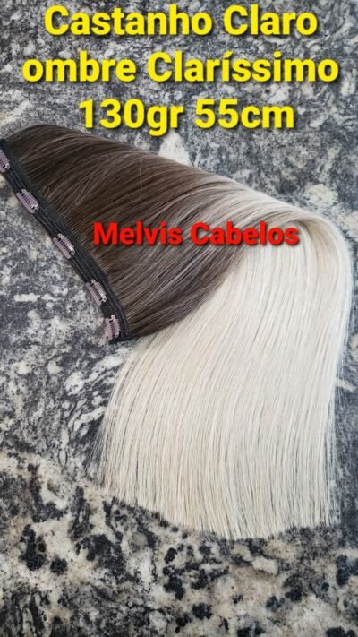 Aplique Tic Tac Cabelo Humano Castanho Claro com Ombre Loiro Claríssimo- 55cm - 130 gramas