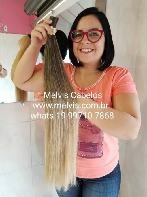 Cabelo Humano Castanho Claro com Ombre Loiro Clarissimo 55cm - 100gr - Tela Ponto Americano 28cm Largura
