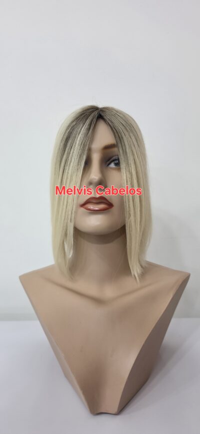Topo 10cm x 12cm - Cabelo Humano 25cm - Loiro Claríssimo c/ Raiz Esfumada