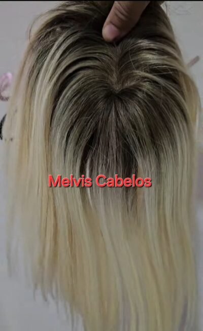 Topo 10cm x 14cm - Cabelo Humano 30cm -  Loiro Claríssimo c/ Raiz Esfumada