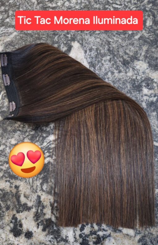 Aplique Tic Tac Cabelo Humano Castanho com luzes mel Liso 55cm - 150Gr