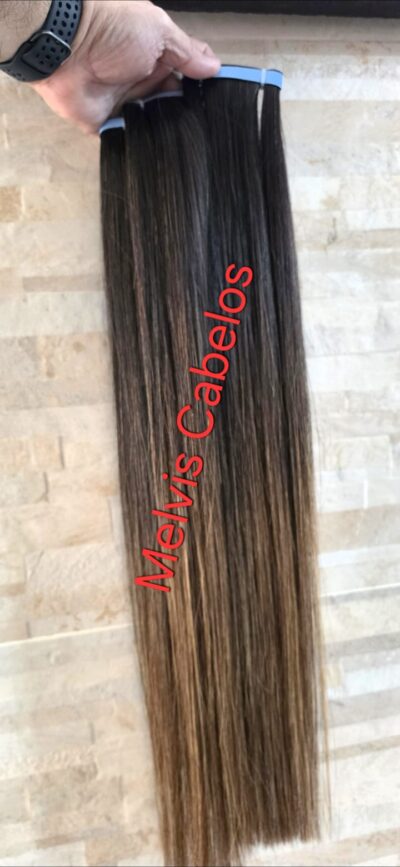 Cabelo Humano Castanho Liso c/ Ombre Hair Morena Iluminada Mel - 60cm - 150Gr na fita adesiva invisivel costurado