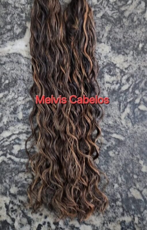 Cabelo Humano Cacheado permanentado com Luzes Mel 55cm (Cacho3)- 100Gr na tela