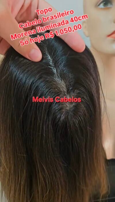 Topo 12cm x 15cm - Cabelo Humano Castanho Médio morena iluminada "LISO" 40cm