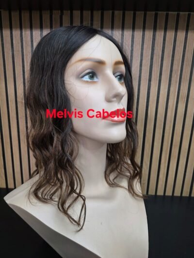 Topo 12cm x 15cm - Cabelo Humano Castanho Médio morena iluminada 40cm